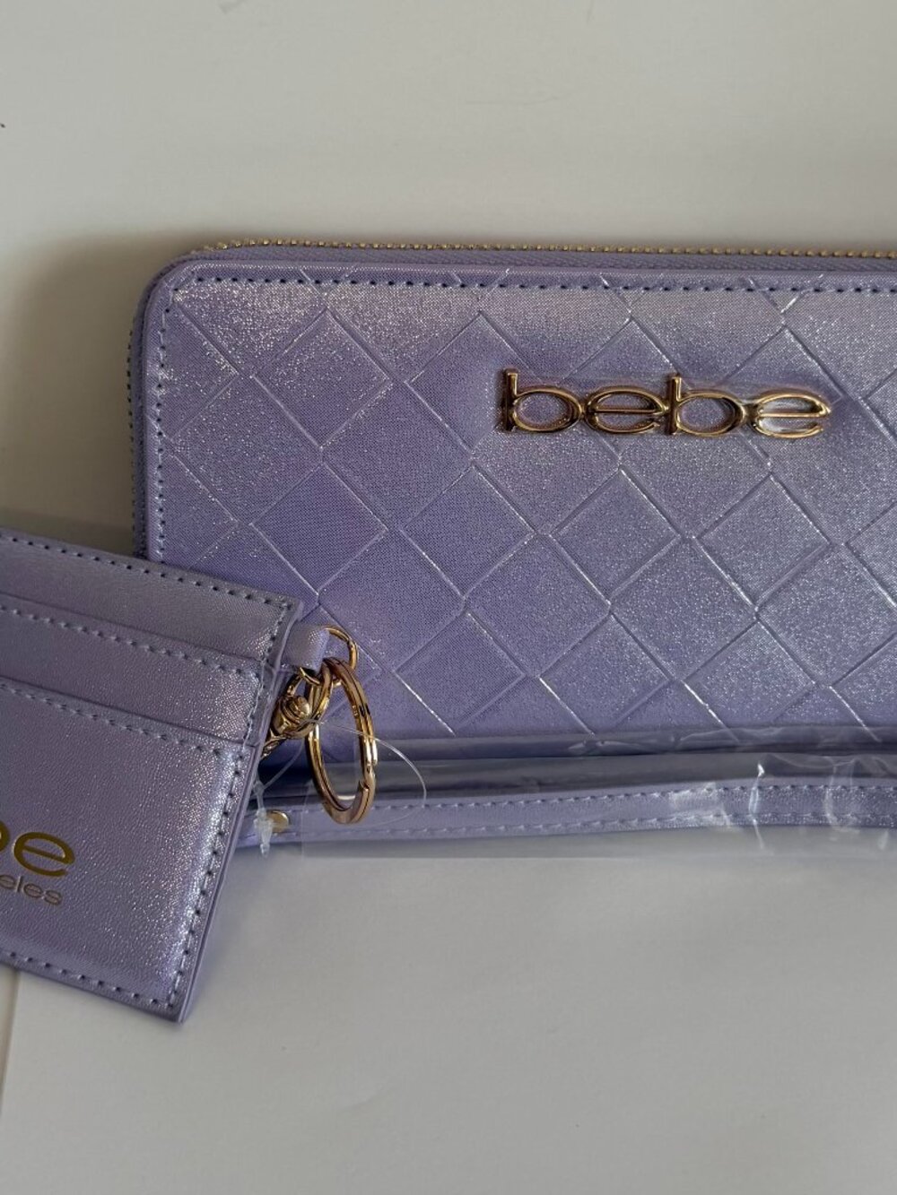 bebe Metallic Purple Quilted Wristlet with Cardholder and Gold Hardware